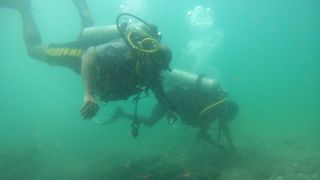 Two scuba divers swim to a shipwreck