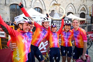 Team SD Worx celebrates another one-two at Strade Bianche 2023