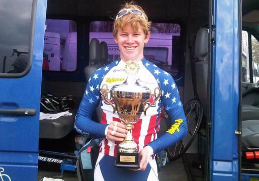 Lawson Craddock shows off his trophy after sprinting to third place in the junior version of the famed Paris-Roubaix.