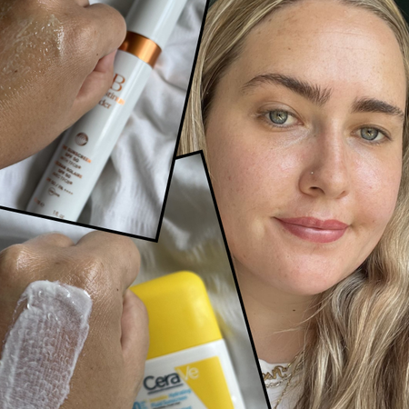 Amelia wearing lightweight spfs & swatches of products in this guide