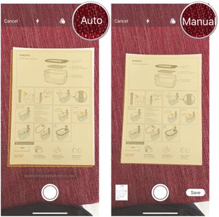 Scan a document to a note in Notes by showing steps: tap Auto to toggle between Automatic and Manual document capture modes