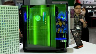 FV270 RGB Mid-Tower Case with a Wolverine figure inside at Computex 2024.