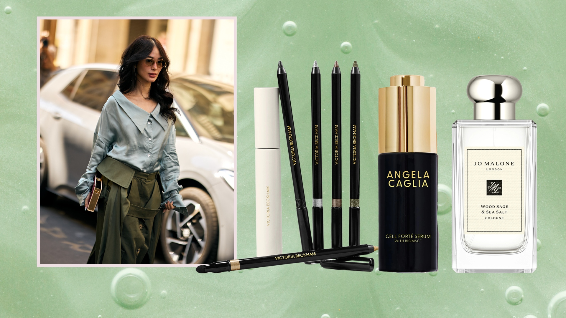 woman walking during fashion week on a green background with a collage of beauty products