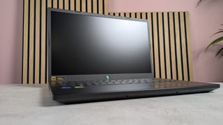 Acer Nitro V 15 open on desk with wooden panels, plant, and pink wall in background