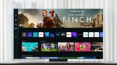 A screenshot of the Apple TV app interface on a Samsung smart TV, against a blue background