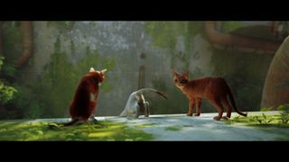Cutscene still of the eponymous stray looking directly at the player while two other cats prepare to jump from a ledge