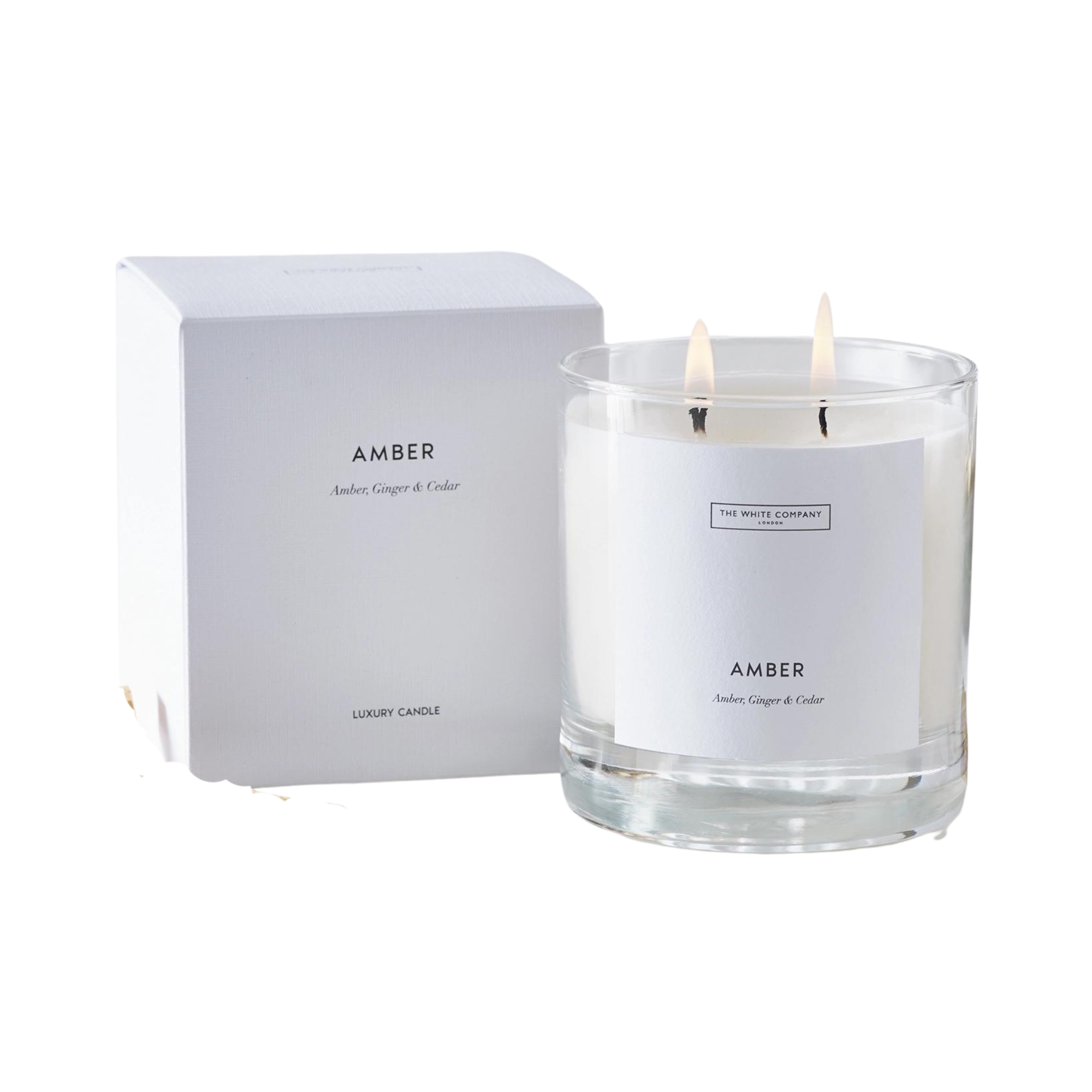 The White Company 9.9oz Amber candle in glass vessel with white box packaging