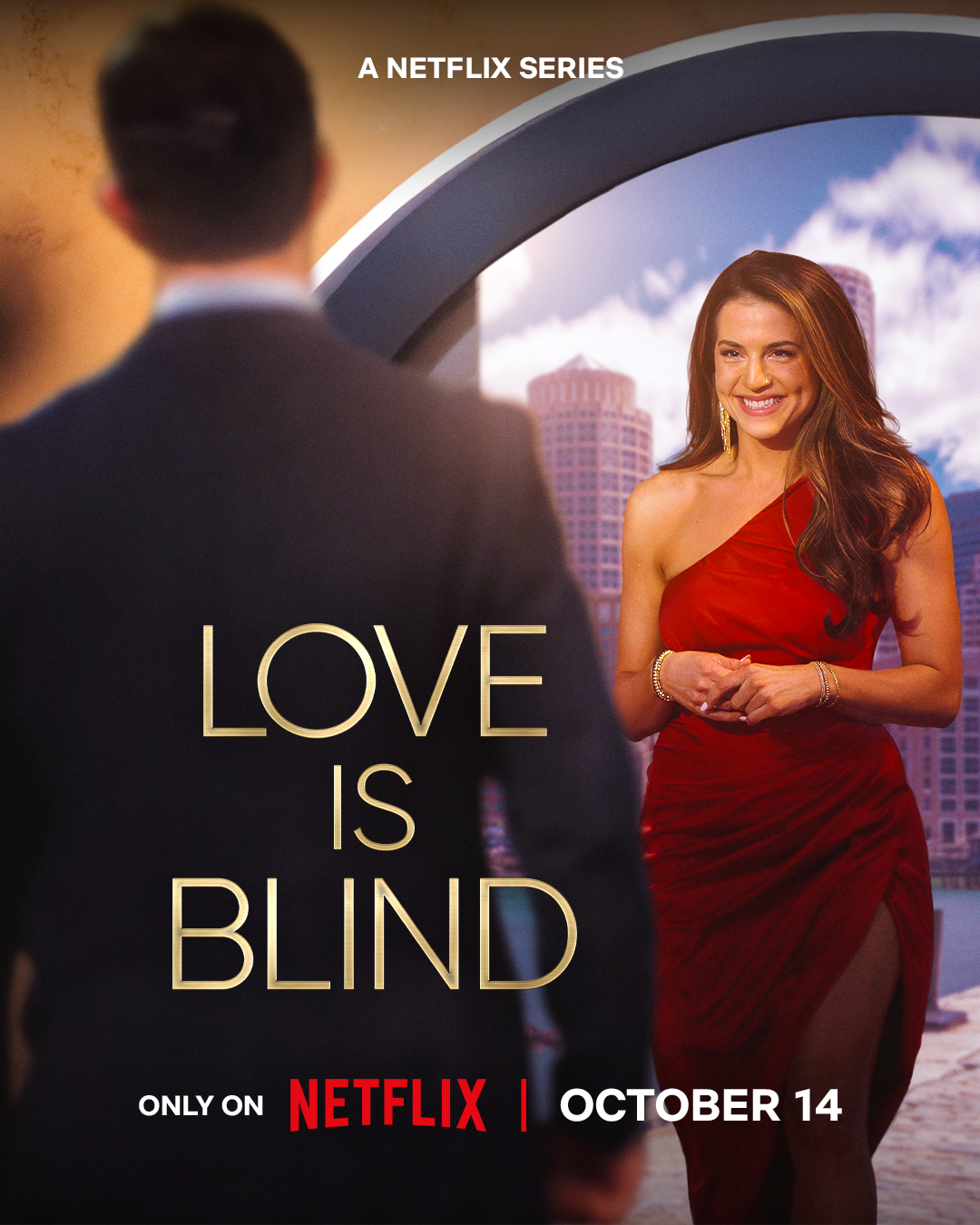 the poster for love is blind season 11 featuring a women in a red cocktail dress smiling as she meets a man in a black suit with the city of boston in the rearview