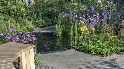 Purple and yellow flowers in a border around a circular pond