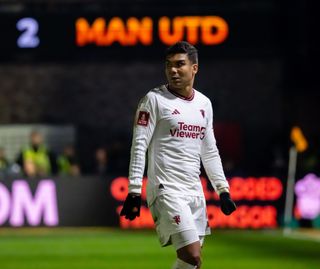 Casemiro of Manchester United in action during the Emirates FA Cup Fourth Round match between Newport County and Manchester United at Rodney Parade on January 28, 2024 in Newport, Wales.