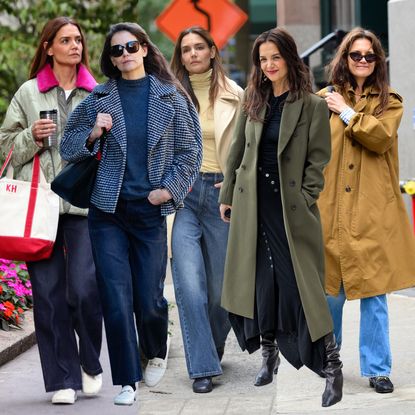 collage of Katie Holmes wearing winter outfits (quilted jacket with jeans, houndstooth coat with jeans, wool double-breasted coat with jeans, double-breasted coat with black dress, buttoned coat with jeans) 