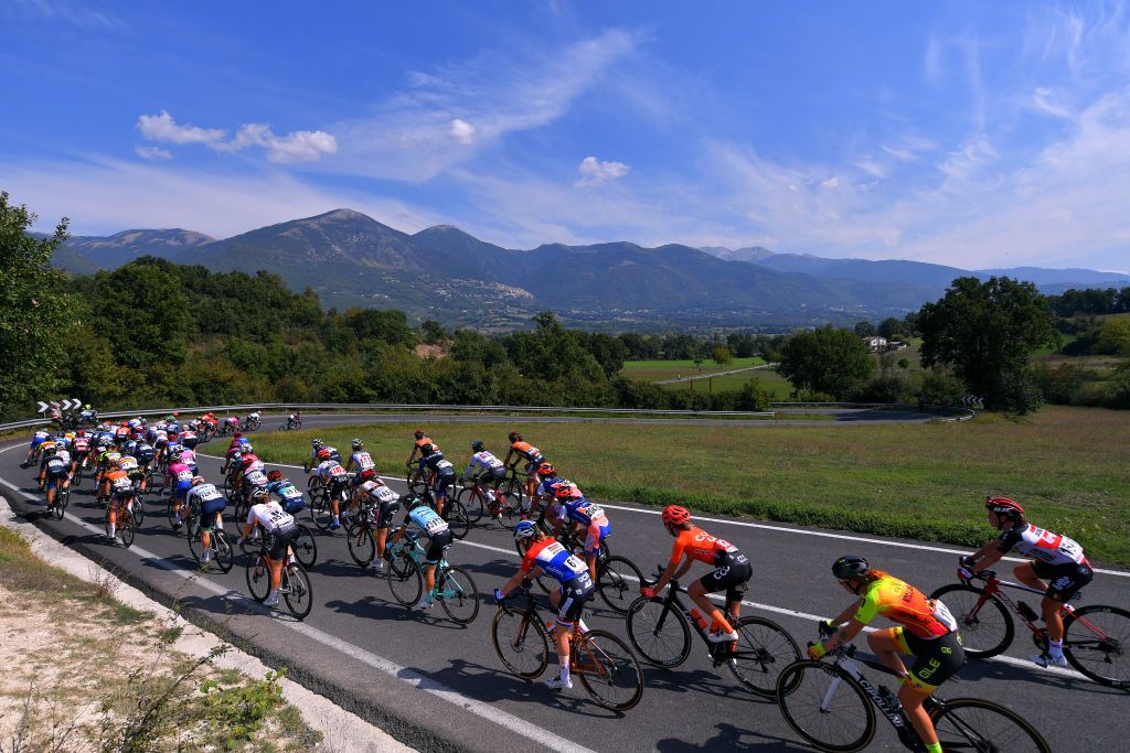 TIVOLI ITALY SEPTEMBER 14 Anna Van Der Breggen of The Netherlands and Boels Dolmans Cycling Team Sabrina Stultiens of The Netherlands and Team CCC Liv Maaike Boogaard of The Netherlands and Team Ale BTC Ljubljana Peloton Landscape during the 31st Giro dItalia Internazionale Femminile 2020 Stage 4 a 1703km stage from Assisi to Tivoli 237m GiroRosaIccrea GiroRosa on September 14 2020 in Tivoli Italy Photo by Luc ClaessenGetty Images
