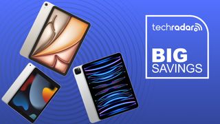 Three Apple iPads in front of a blue/purple background