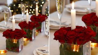 Dining table with red roses in vases with candles as a DIY Christmas centerpiece idea