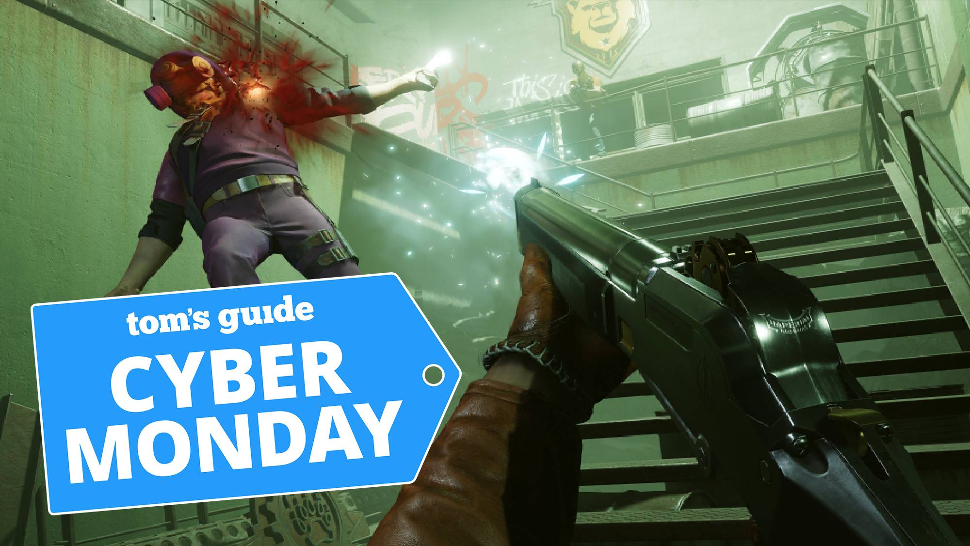 Screenshot of Deathloop with a Cyber ​​Monday deal label