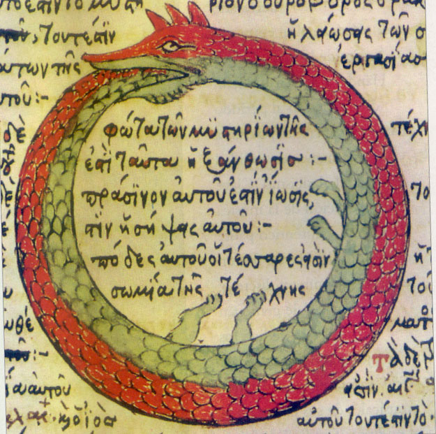 Ouroboros drawing from a late medieval Byzantine Greek alchemical manuscript.