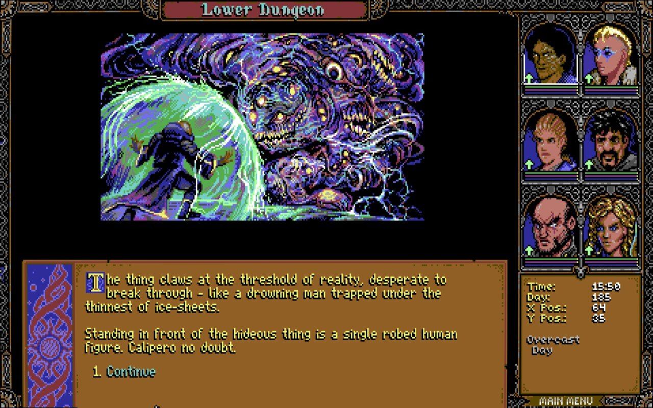Skald "cutscene" showing a wizard with a force field doing battle with a gibbering horror from another world.