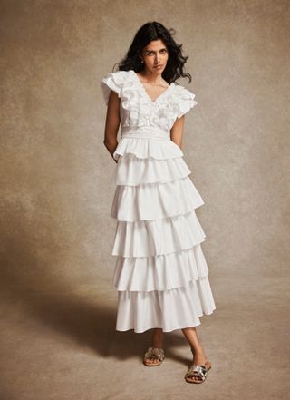 White Cotton Tiered Ruffle Maxi Skirt