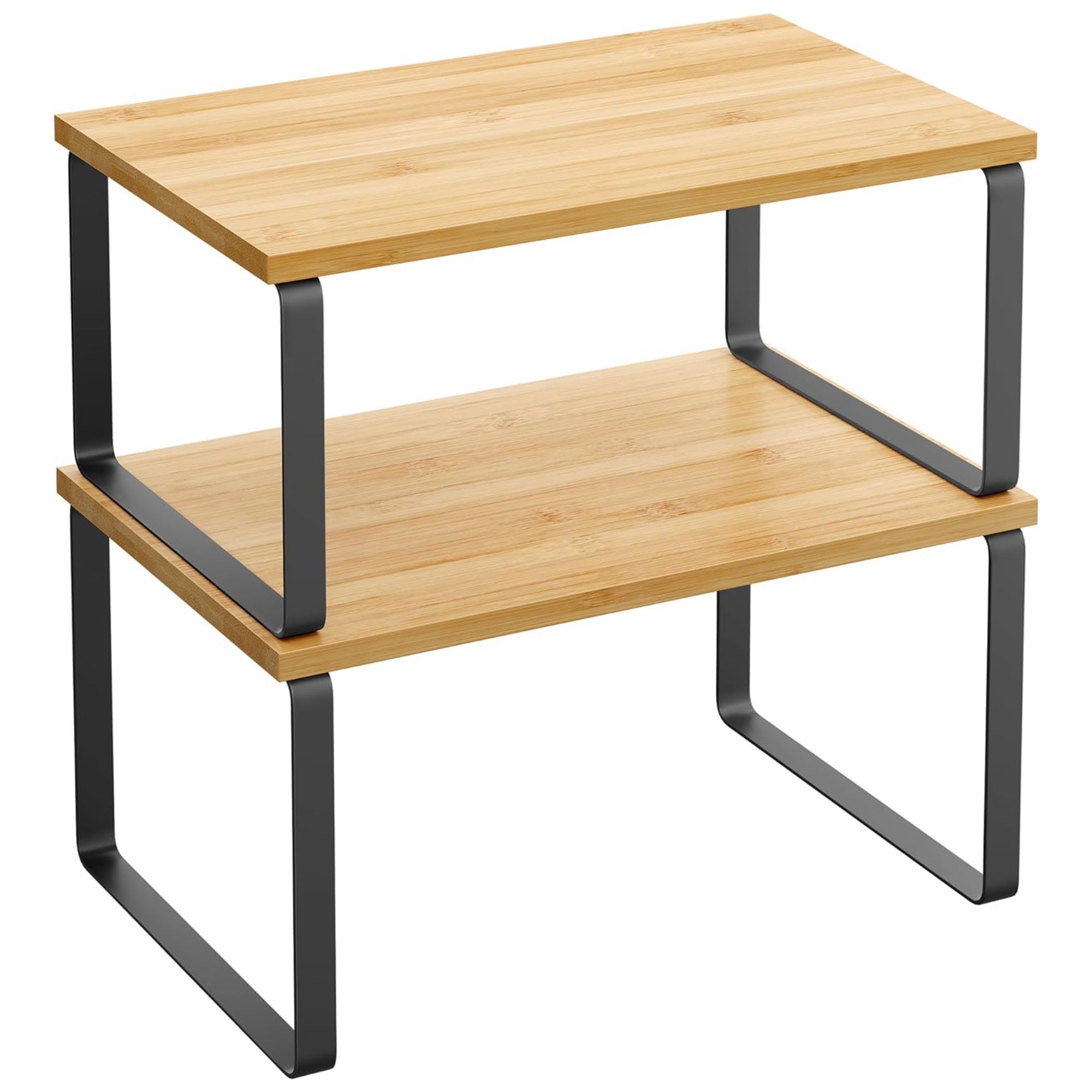 Two wooden cabinet organizer shelves with black metal legs stacked one on top of the other.