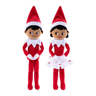 A pair of plush boy and girl Elf on the Shelf dolls