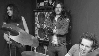 The original line-up of Motorhead featuring Larry Wallis, Lemmy and Lucas Fox in the studio in 1975