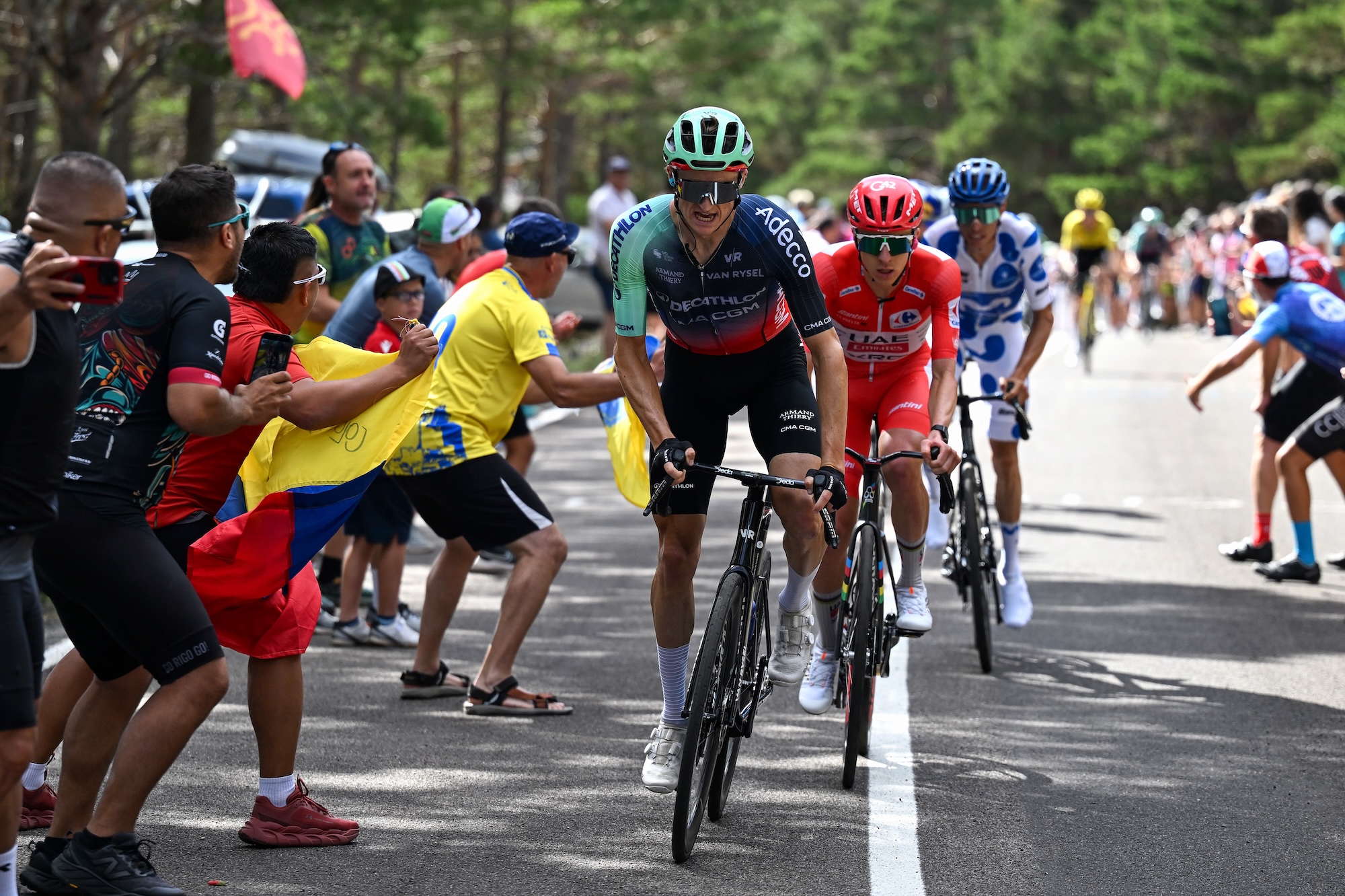 Felix Gall of Austria and Team Decathlon CMA CGM and Tadej Pogacar of Slovenia and UAE Team Emirates XRG - Red Leader Jersey attack during the La Vuelta - 81st Tour of Spain 2026