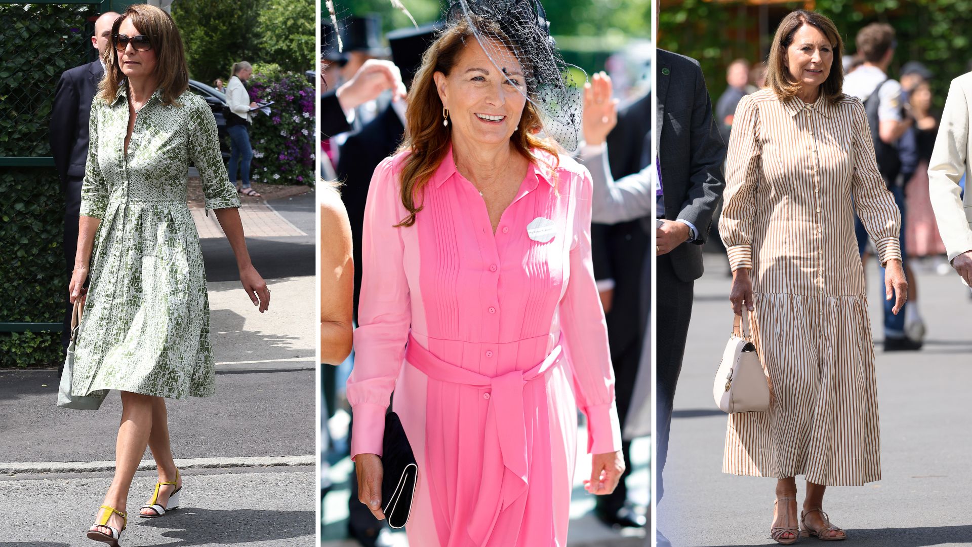 A composite of three pictures of Carole Middleton wearing shirt dresses