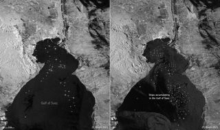 Copernicus Sentinel-1 images taken on March 21, 2021, before Ever Given was stuck, and on March 25 show the build-up of ships waiting to pass through the Suez Canal.
