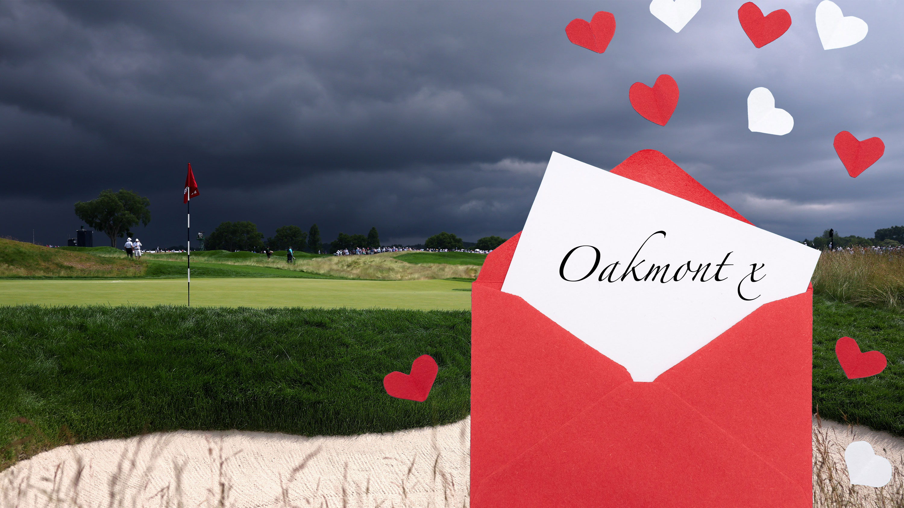 An image of Oakmont Country Club looking ominous during the 2025 US Open, with an inset image of a love letter reading 'Oakmont x'