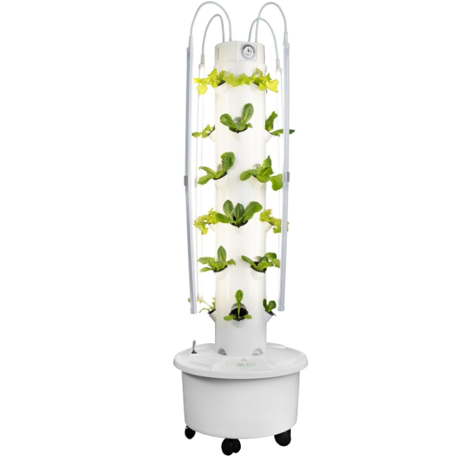a tall white hydroponic growing system tower