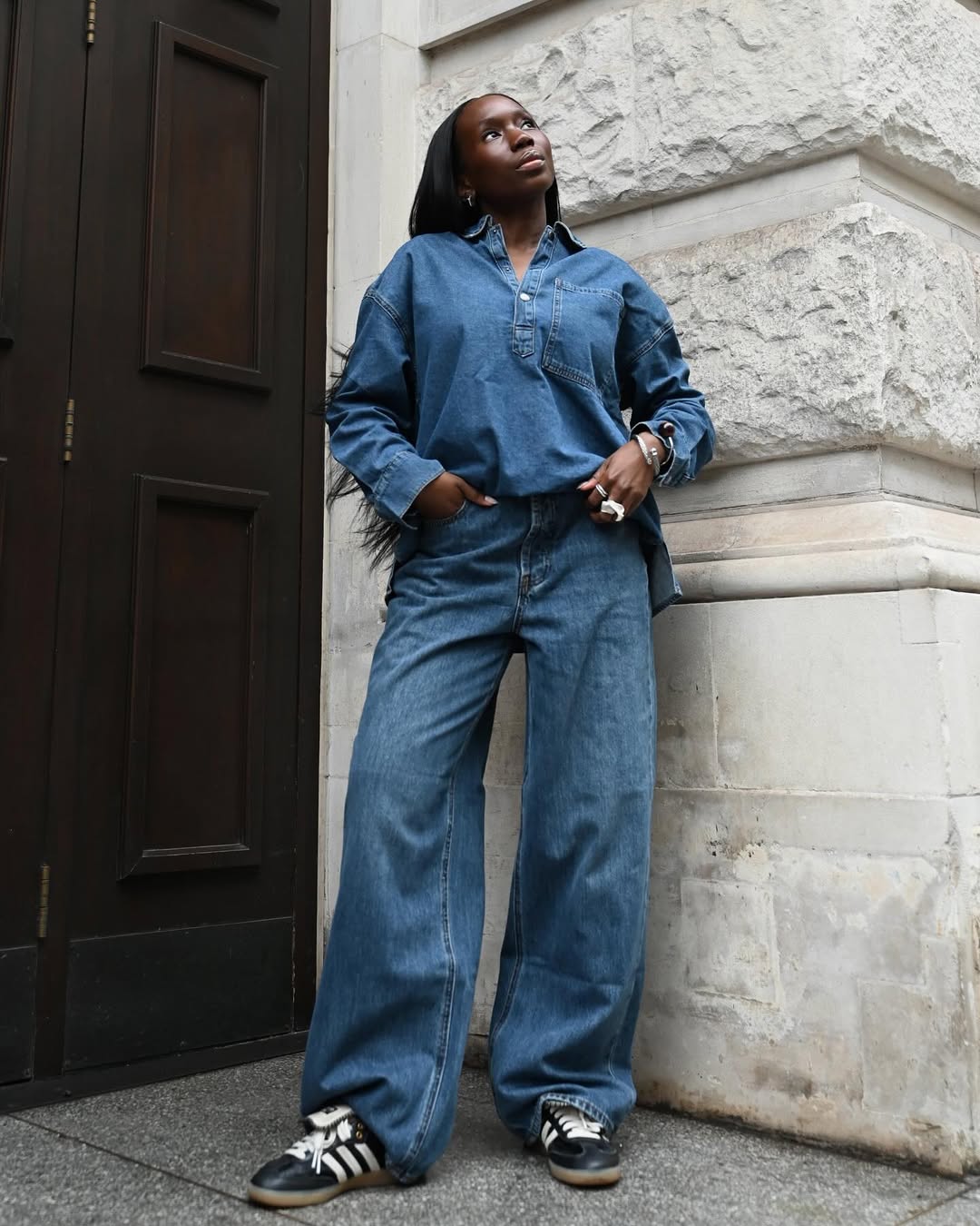 Double denim and black trainers look
