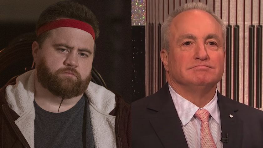 Stingray (Paul Walter Hauser) sulks in Cobra Kai, while Lorne Michaels appears in Saturday Night Live.