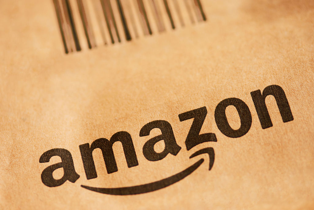 Close up of Amazon logo on box