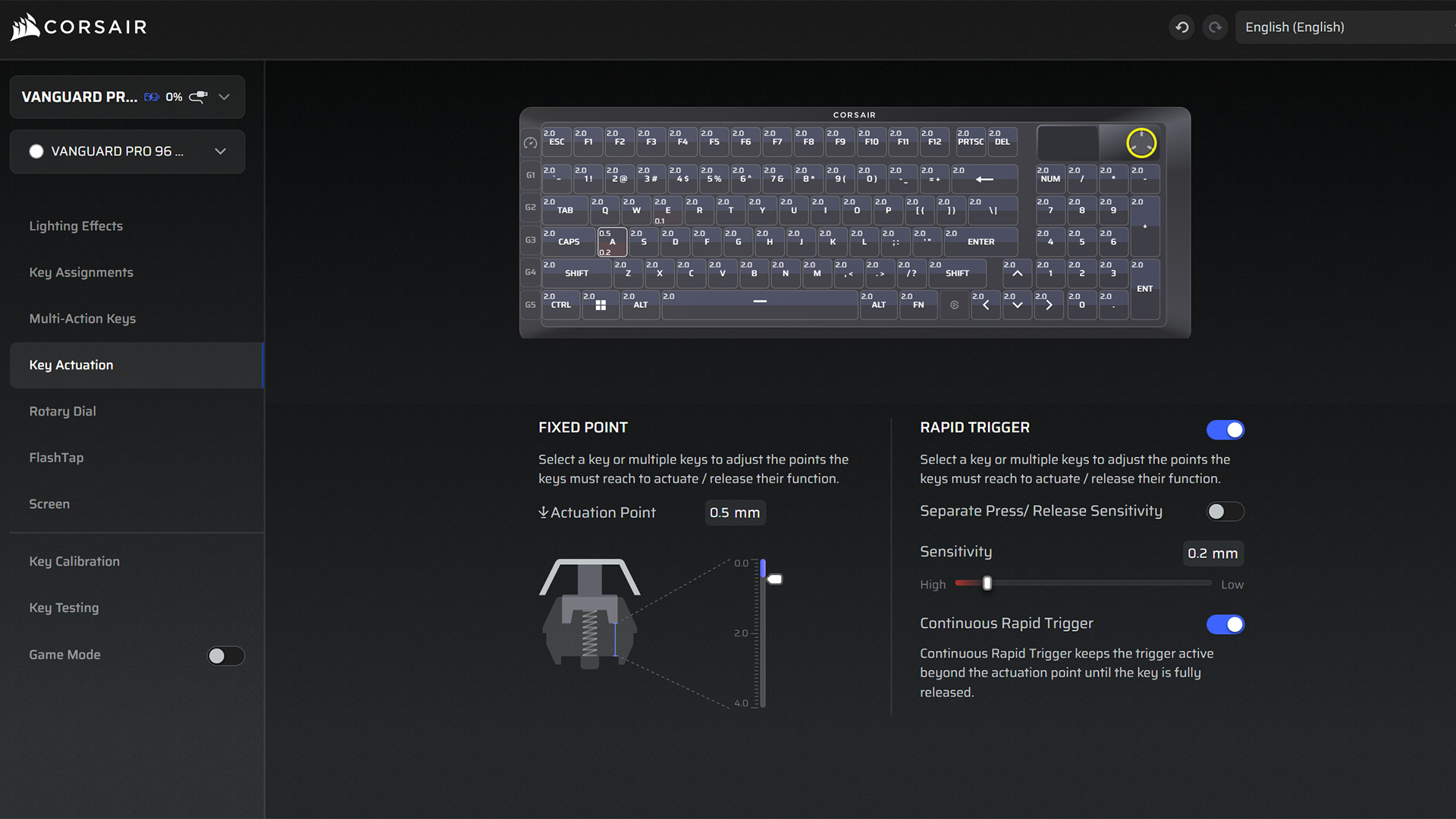 A screenshot showing the options available to the Corsair Vanguard Pro 96 keyboard in Corsair Web Hub