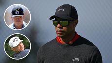 Main image of Tiger Woods in Sun Day Red sunglasses with inset photos of Ernie Els (upper left) and Alex Noren (bottom left)