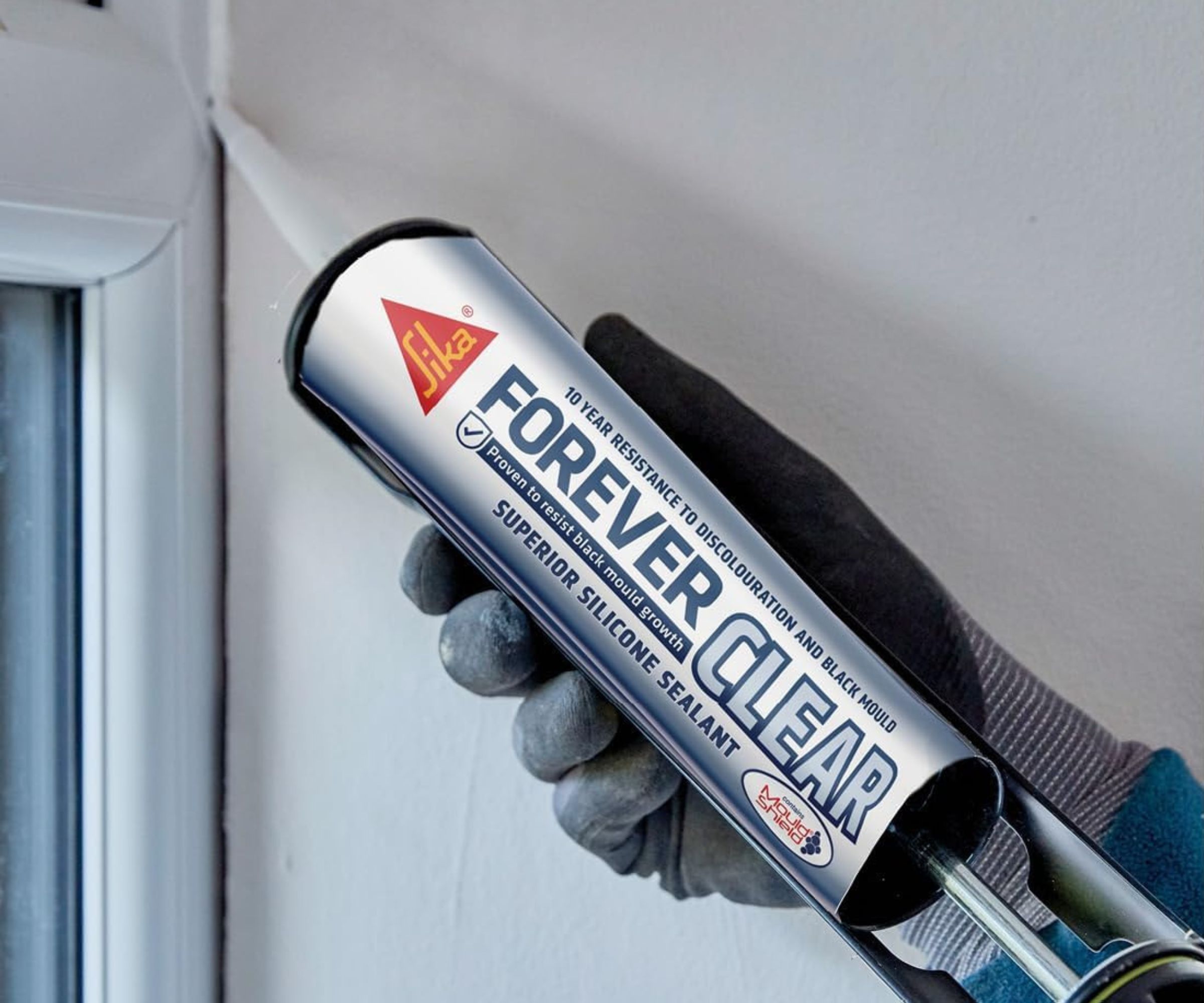 Everbuild Forever Clear Anti-Mould Silicone Sealant being applied