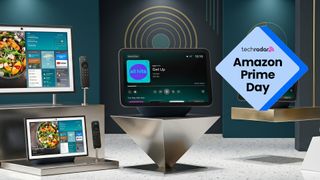 Echo Shows 5, 8, 11, 15, 21 on pedestals with a badge reading "Amazon Prime Day"