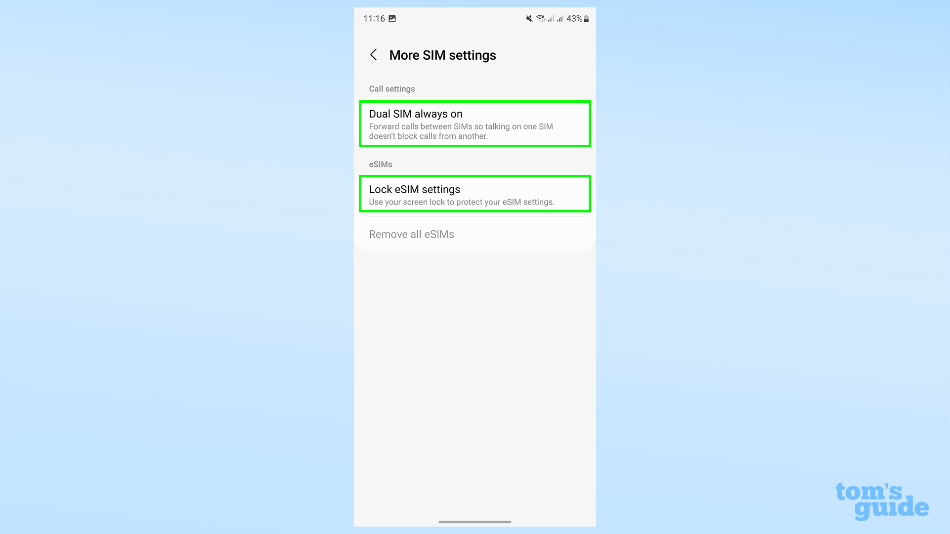 A screenshot of the Galaxy S23 Ultra's Settings app, showing the additional SIM settings