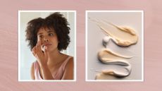On the left, a woman with curly hair is pictured applying cream to her cheek, whilst looking in a mirror and on the right, is a picture of different moisturiser and face cream swatches to represent moisturiser and sunscreen formulas/ both featured in a pink two-picture template