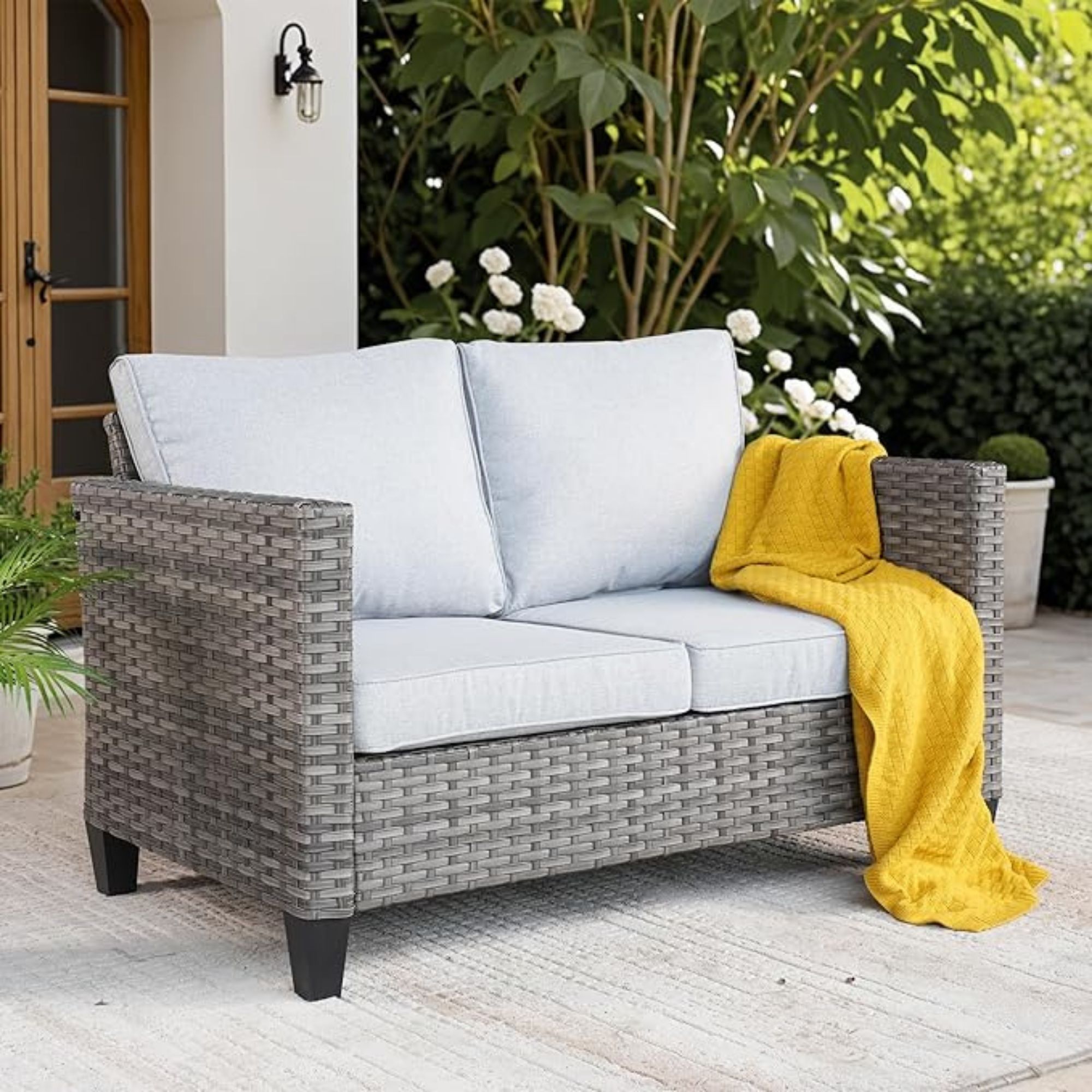 ovios Patio Loveseat, 2-Seater Outdoor Wicker Sofa Couch