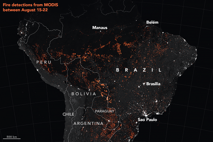 This map shows active fire detections in the Amazon rainforest in Brazil as observed by Terra and Aqua MODIS between Aug. 15-22, 2019.