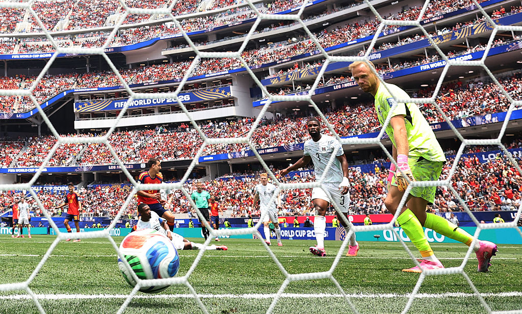 INGLEWOOD, CALIFORNIA - JULY 02: (EDITOR&amp;amp;apos;S NOTE: Image was captured using a remote camera from behind the goal.) Mikel Oyarzabal #21 of Spain scores his team&amp;rsquo;s first goal during the FIFA World Cup 2026 Round of 32 match between Spain and Austria at Los Angeles Stadium on July 02, 2026 in Inglewood, California. (Photo by Michael Steele/Getty Images)
