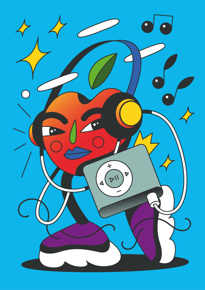 iPod shuffle illustration of an apple holding an iPod shuffle