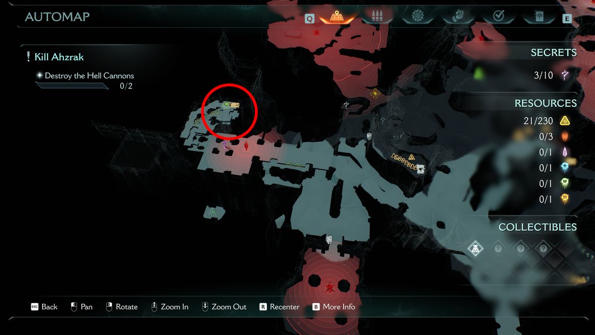 Doom: The Dark Ages The Forsaken Plains secrets and collectibles - A map highlighting the location of a gold chest atop a tower near an enemy encounter.