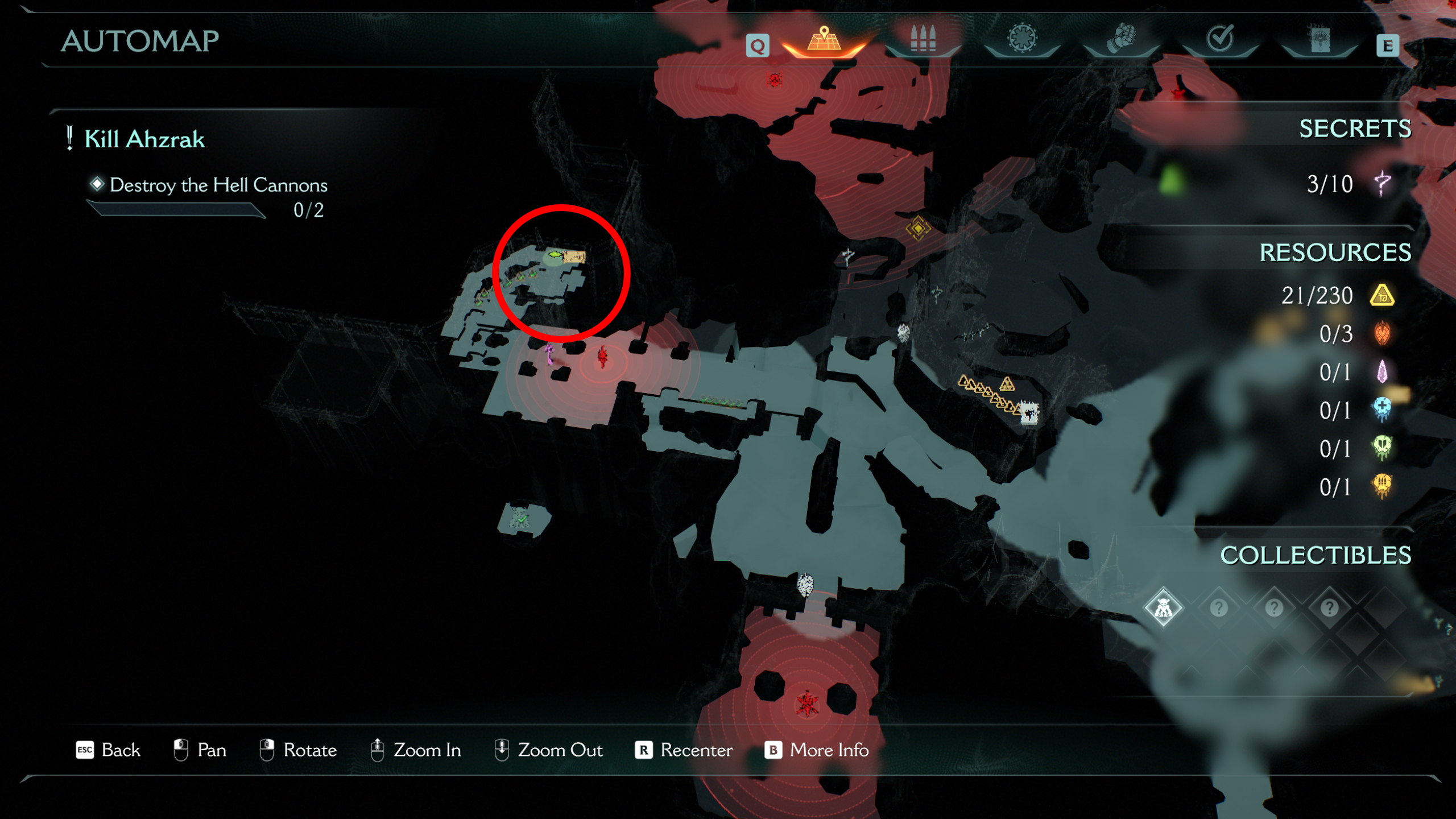 Doom: The Dark Ages The Forsaken Plains secrets and collectibles - A map highlighting the location of a gold chest atop a tower near an enemy encounter.