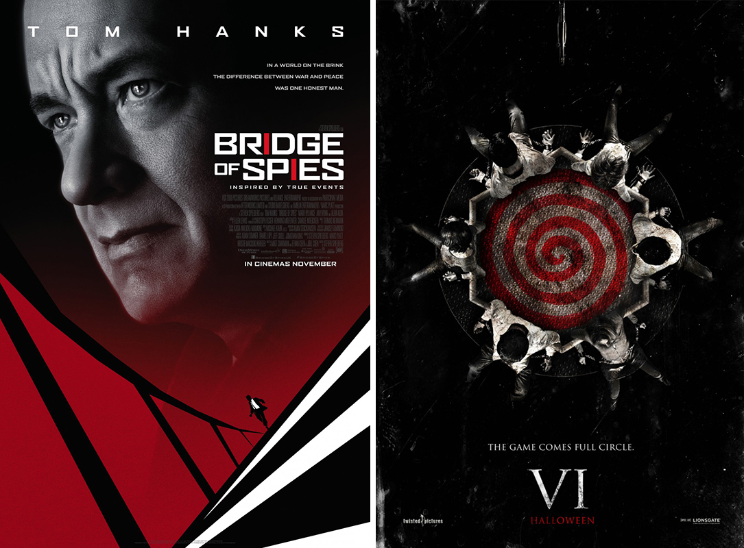 The posters for Bridge of Spies and Saw VI shift the placement of the spiral, but to equally unsettling effect