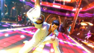 Kiryu in white suit on dance floor in club striking disco pose on light up floor