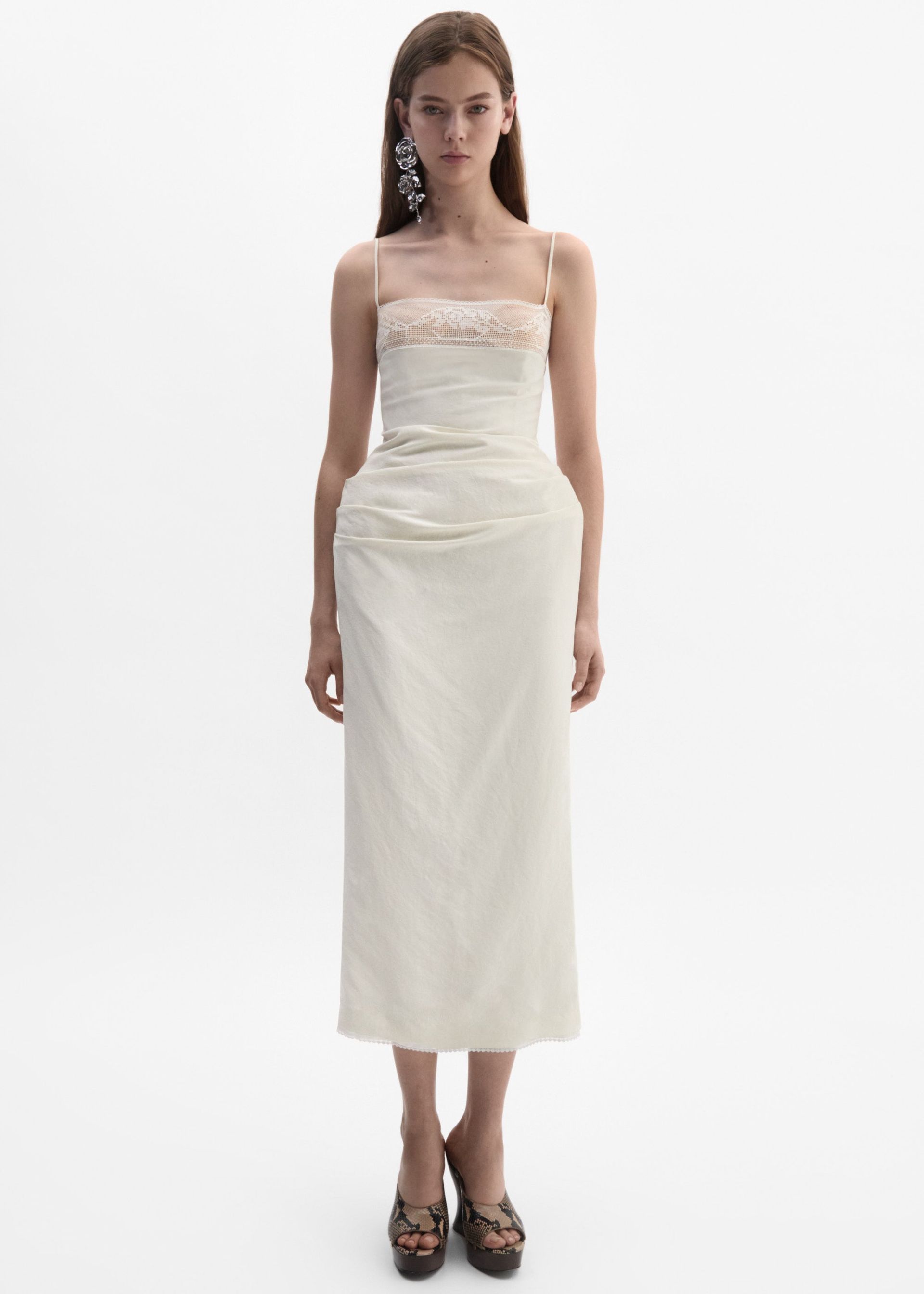 Midi Corset Dress With Lace Neckline in Cream