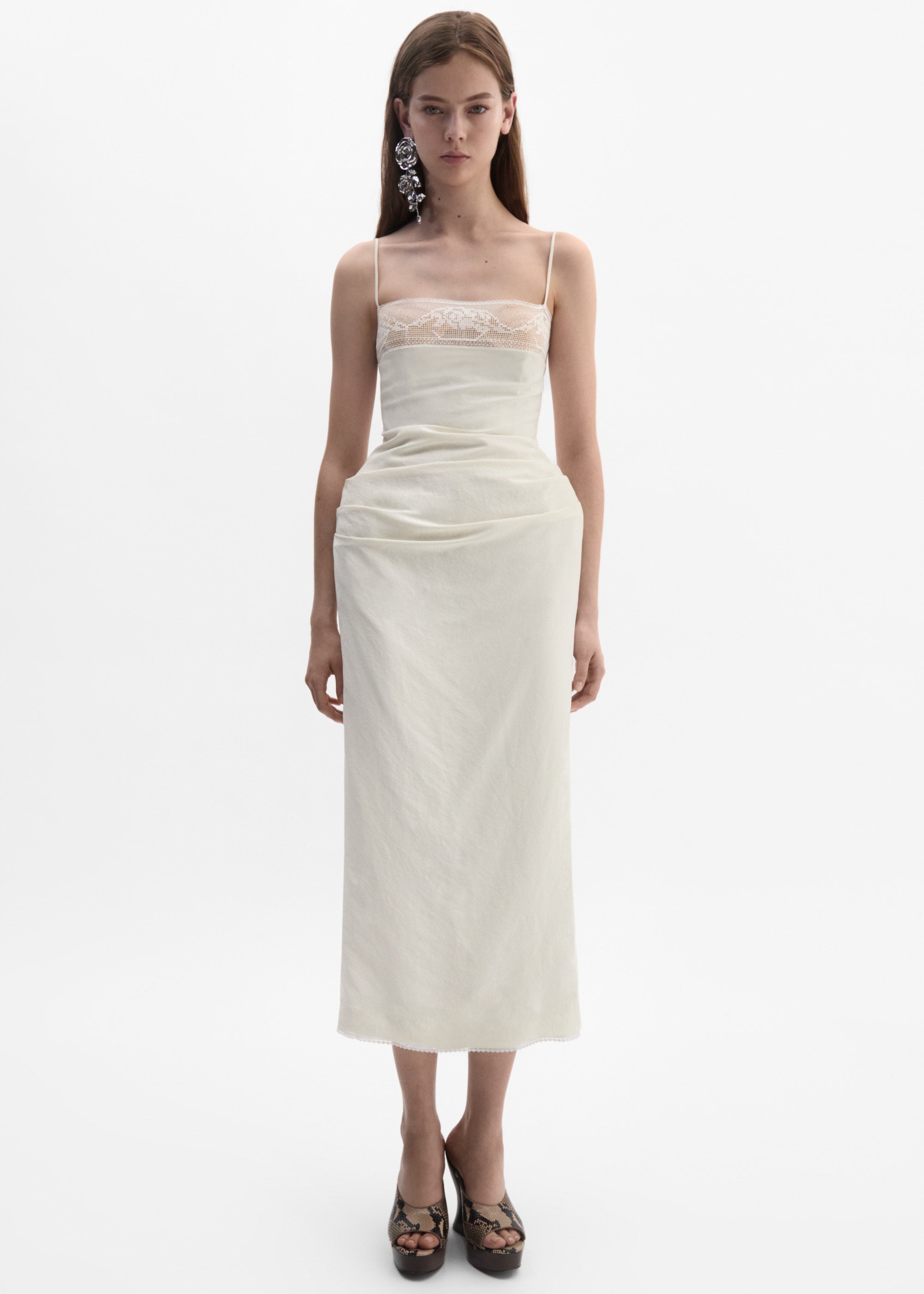 Midi Corset Dress with Lace Neckline in Cream