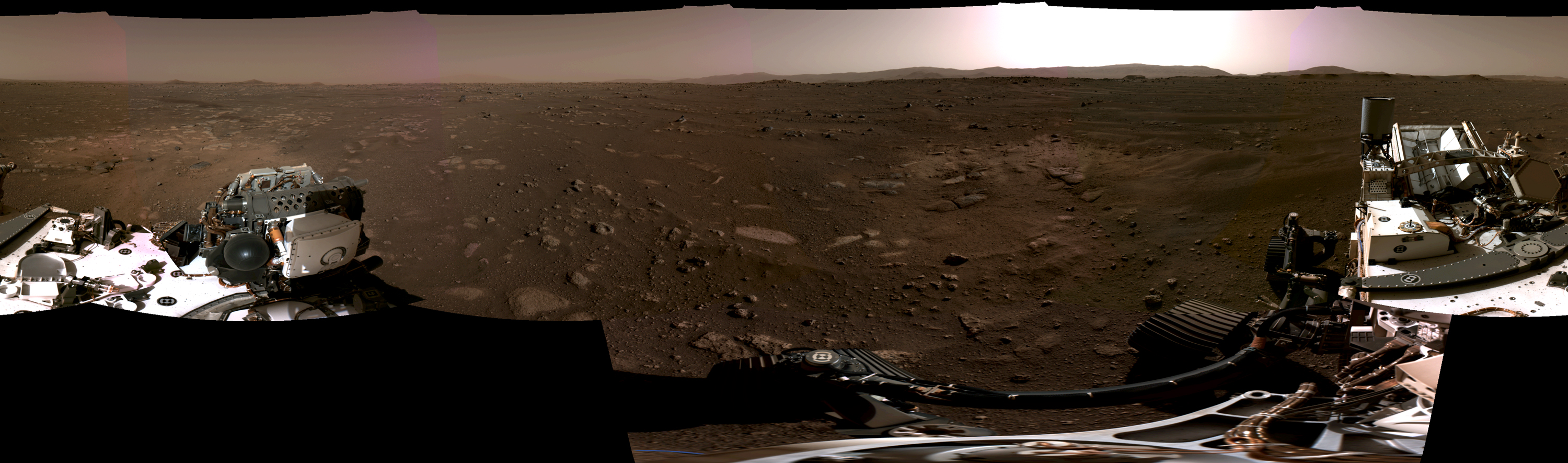 This panorama, taken on Feb. 20, 2021, by the Navigation Cameras, or Navcams, aboard NASA’s Perseverance Mars rover, was stitched together from six individual images after they were sent back to Earth.